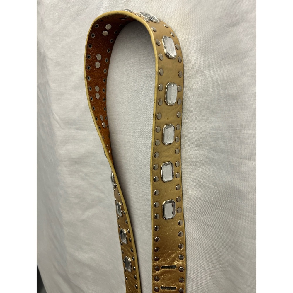 Gold Metallic Leather Studded Crystal Belt Silver Buckle Y2K Glam Boho 40 Inch - Picture 2 of 7